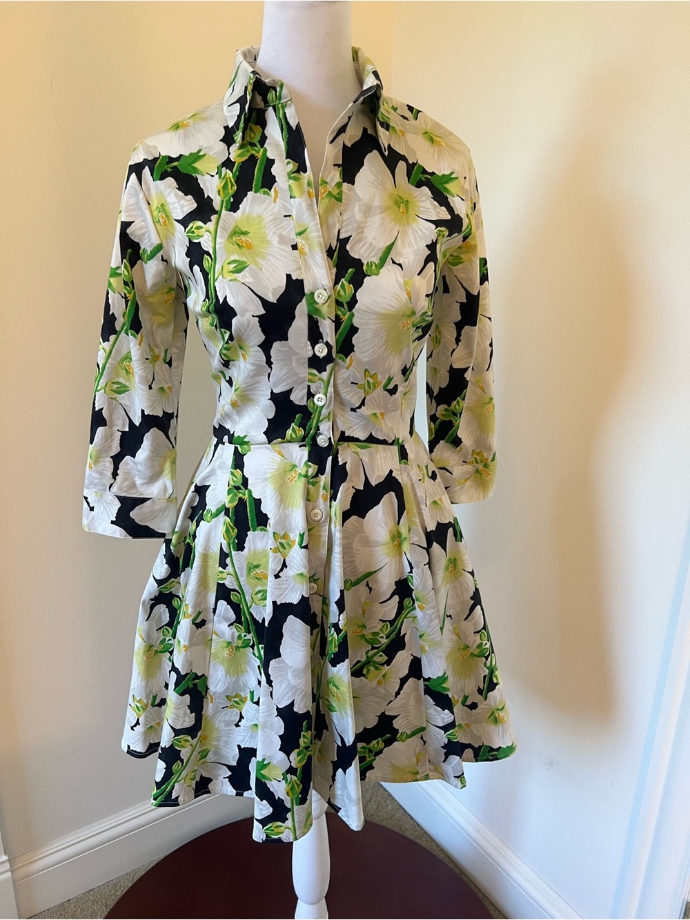 SAMANTHA SUNG Floral Fit-and-Flare Shirt Dress Jacket - White & Green